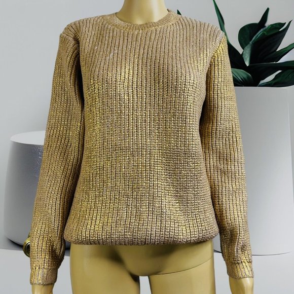 Source Unknown Sweaters - Women Pullover Sweater Gold Foil Knit Size XL Crew Neck Mid Length 1